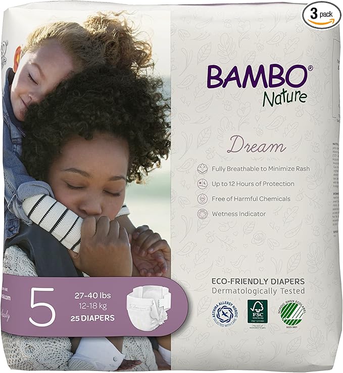 Bambo Nature Hypoallergenic Dream Baby Diapers, Premium Eco-Labeled Sustainable Diapers, Enhanced Leakage Protection, Totally Chlorine-free, Skin Friendly, and Super Absorbent - Size 5 (75 Count)