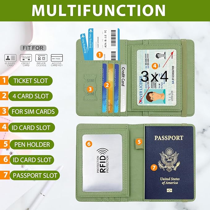 Melsbrinna RFID Passport Holder for Travel, Unisex Adults, Green, Faux Leather, Travel Wallet, RFID Protected