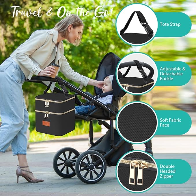 PIIOSER Breast Milk Storage Cooler Bag with Ice Pack, Fits 4 Baby Bottles Up to 5 Ounce, Small Insulated Breastmilk Cooler Travel Bag with Handle Buckle for Nursing & Working Mom Daycare (Black-XS)