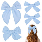 DEEKA 4 PCS Blue Cotton Linen Hair Bows 3 Styles 5" & 4" Handmade Hair Bow set for Toddler Girls Alligator Hair Clips Knot Bows Hair Accessories for Little School Girls (Blue)