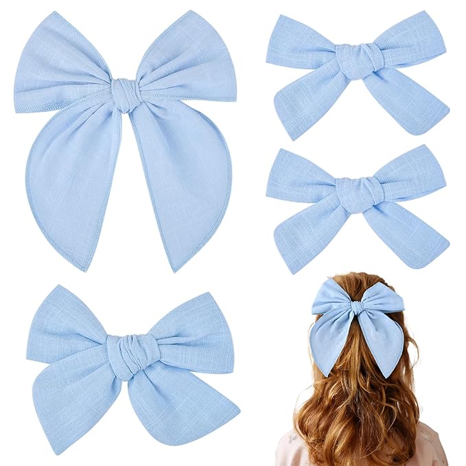 DEEKA 4 PCS Blue Cotton Linen Hair Bows 3 Styles 5" & 4" Handmade Hair Bow set for Toddler Girls Alligator Hair Clips Knot Bows Hair Accessories for Little School Girls (Blue)