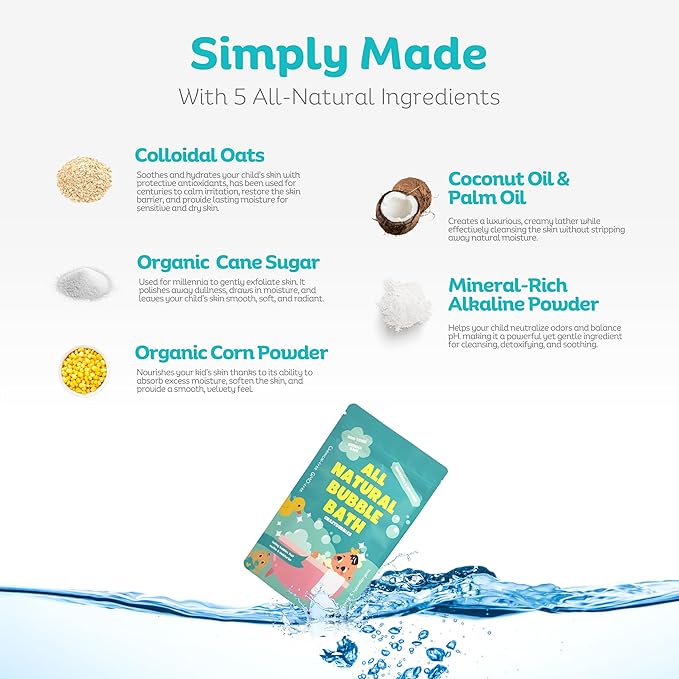 All Natural Bubble Bath for Kids & Baby, Hypoallergenic Bubble Bath Kids with Sensitive Skin, Gentle Eczema Safe Baby Essentials, Unscented Powder Mix with Colloidal Oats, Up to 30 Baths