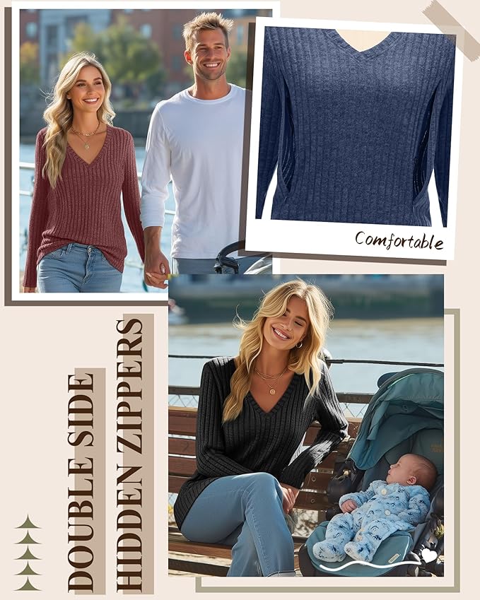3 Pack Women's Maternity Nursing Tops, V Neck Breastfeeding Sweaters Long Sleeve Hidden Zipper Shirts