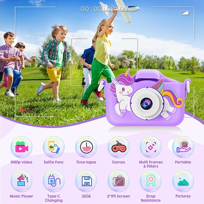 Kids Camera, Toys for Toddlers Age 3-8 Year Old Girl Christmas Birthday Gifts, Children Digital Camera with Cartoon Soft Silicone Cover and 32GB Card (Violet)