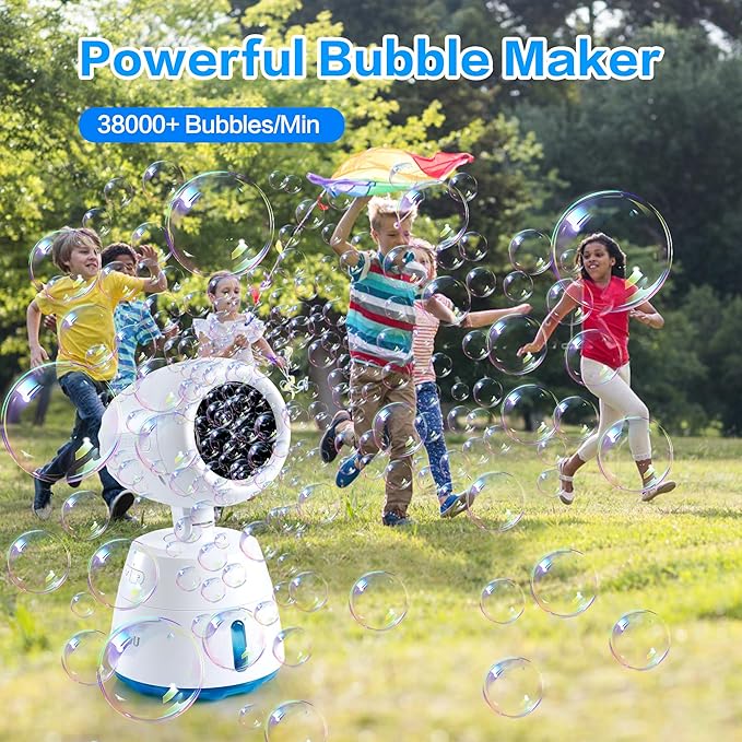 Rechargeble Bubble Machine, 270° Automatic-Rotating, 38000 Big Bubbles/min, 1000ml Large Bubble Tank, 2200mAh Battery, Bubble Maker for Kids Toddlers, Parties, Wedding, Birthday, Outdoor, White