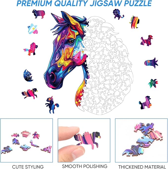 Puzzles for Adults 500 Pieces, Cool Horse Liberty Wooden Jigsaw Puzzles 15.8 * 18.3in, Unique Shape Animal Adult Gifts, Irregular Wood Puzzles Best Gift for Adults Family Game