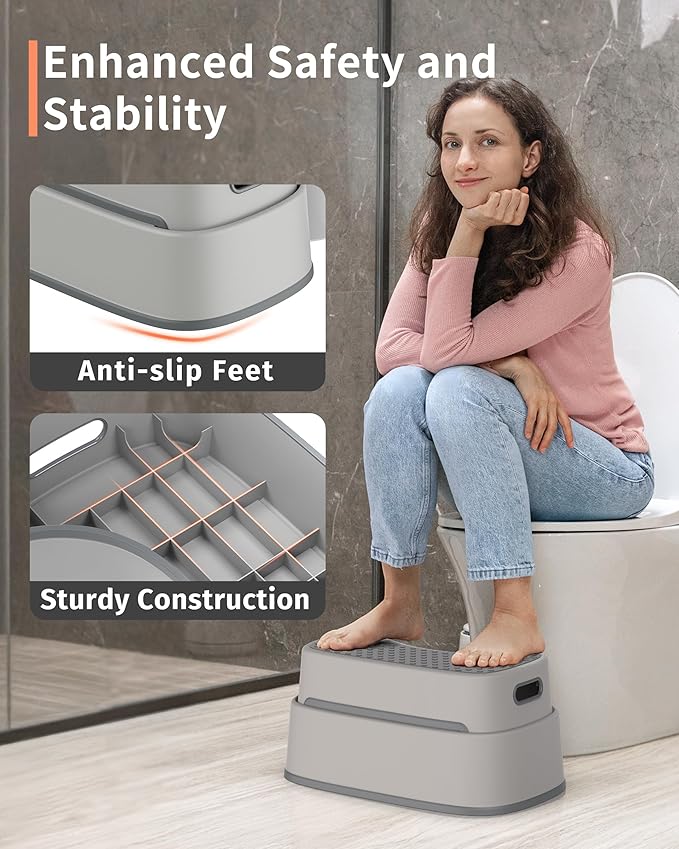 MR.SIGA Toilet Stool Squat Adult, Bathroom Stool Heavy Duty, Anti Slip Toilet Step for Bathroom, Toddler Step Stool for Kids, Light Gray & Dark Gray
