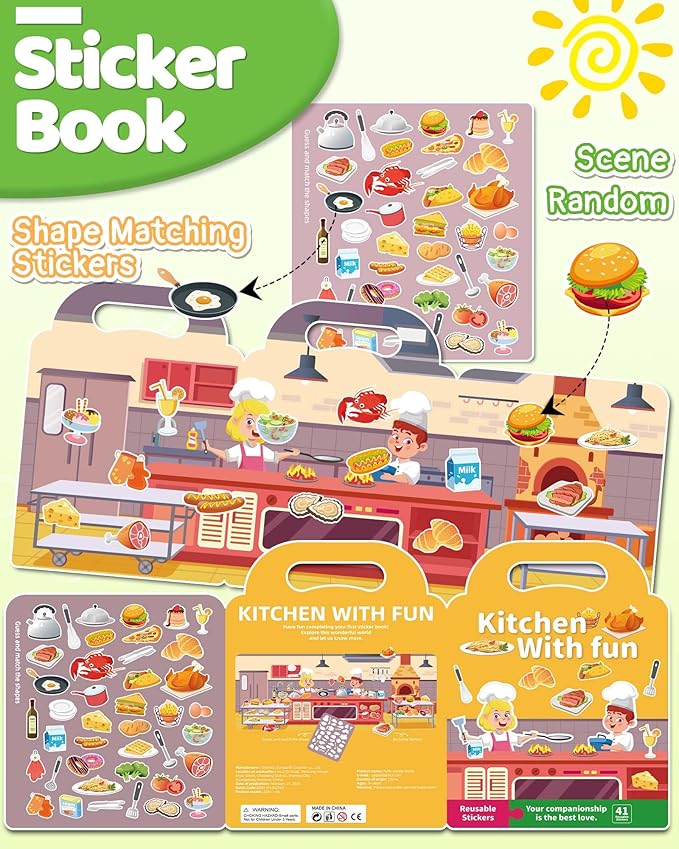 Benresive Reusable Sticker Book for Toddlers 2-4 Years, Fun Travel Stickers for Kids, Waterproof Sticker Books for Toddlers 1-3, Crafts Activities for Todddlers 1-3 2-4 3-5 - Kitchen