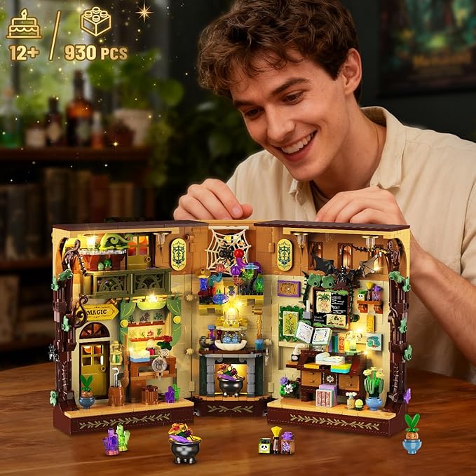 Magic Herb Book Nook Building Set with Light, DIY Booknook Building Block Kit for Home Bookshelf Decor, 930 PCS Miniature House Display Model Building Brick for Adults Teens Boys Girls Ages 12+