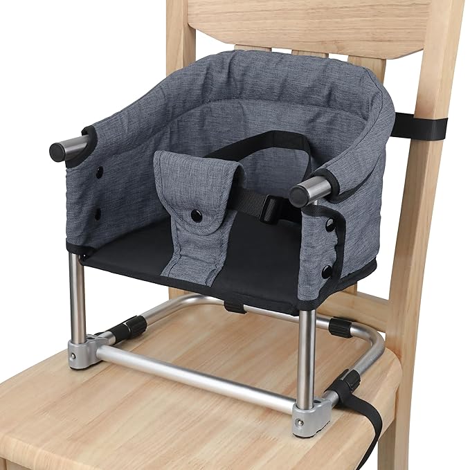 Booster Seat for Dining Table: Portable Toddler Booster Chair with Safety Buckle and Height Adjustable, Foldable Baby Feeding Chair, Kids High Chair Booster Seat for Kitchen Home Travel - Grey