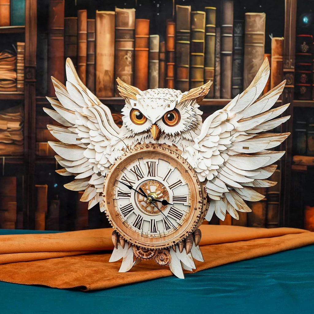 3D Puzzles for Adults Clock-Snowy Owl Design Model Kit-Mechanical DIY Pendulum Clock with Roman Numerals-Desk Home Office Decor Personalized Gift for DIY Lovers