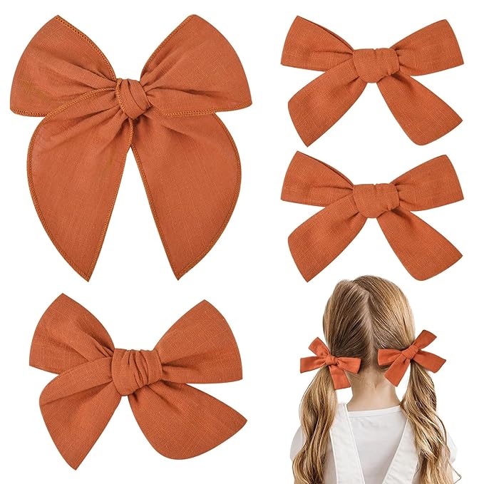 DEEKA 4 PCS Burnt Orange Cotton Linen Hair Bows 3 Styles 5" & 4" Handmade Hair Bow set for Toddler Girls Alligator Hair Clips Knot Bows Hair Accessories for Little School Girls (Burnt Orange)