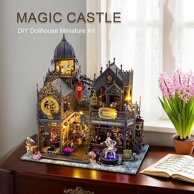 DIY Miniature Dollhouse Kit, Mini House Building Kit for Adults, Tiny House Making Kits with LED Light, Hobby Craft Christmas Decorations Birthday Gifts for Adults (Magic Castle)