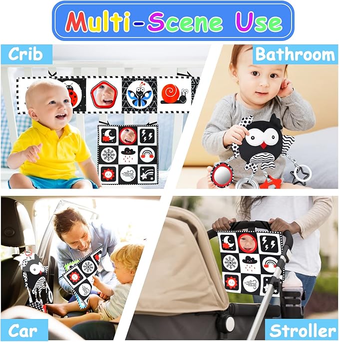 KUANGO Black and White High Contrast Baby Toys 0-6 Months with Mirror, Crinkle and Rattles, Soft Baby Toys for Brain Development Montessori Sensory Tummy Time Newborn Infant for 0 3 6 9 Months Old