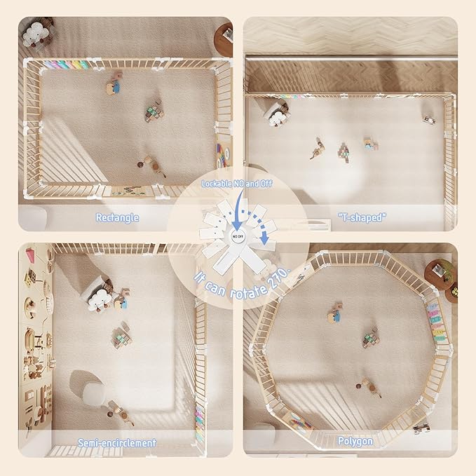 Baby Playpen - Adjustable Multi-Shape Wooden Play Yard, Portable Collapsible Activity Center with Baby Fence Play Area & Toys for Infants, Toddlers (56x84x24inch)