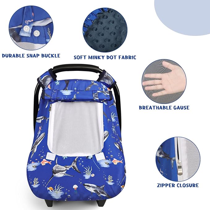 Pea Pod Car Seat Cover Baby, Infant Car Seat Canopy Covers for Newborn with 2 Layers Windows of Breathable Mesh Fabric, Lightweight Polyester/Soft Minky Dot Backing (Ocean)