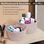 Small Soft Organizer Baskets，Decorative Mini Round Woven Rope Storage Bin Empty Gift Baskets for Man，Office, Desk Decor, Gifting, Kids, Toys, Pre Shaped, Brown, 2 Pack