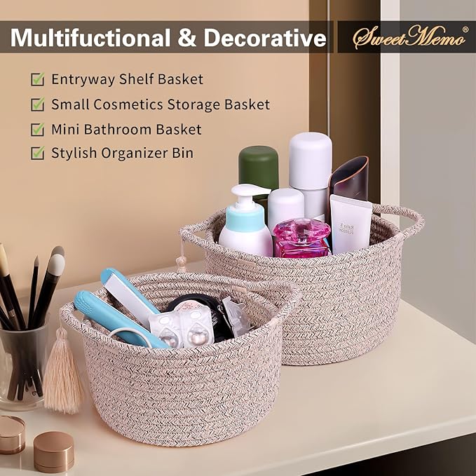 Small Soft Organizer Baskets，Decorative Mini Round Woven Rope Storage Bin Empty Gift Baskets for Man，Office, Desk Decor, Gifting, Kids, Toys, Pre Shaped, Brown, 2 Pack