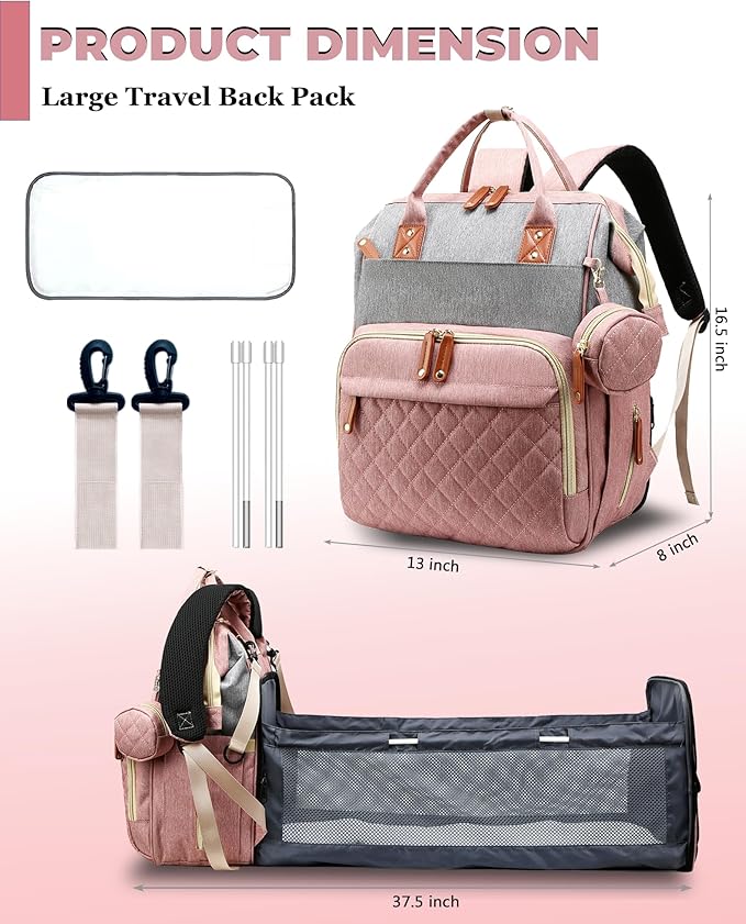 Diaper Bag with Changing Station, Waterproof 3 in 1 Baby Diaper Backpack with Foldable Changing Pad, Pink-Grey