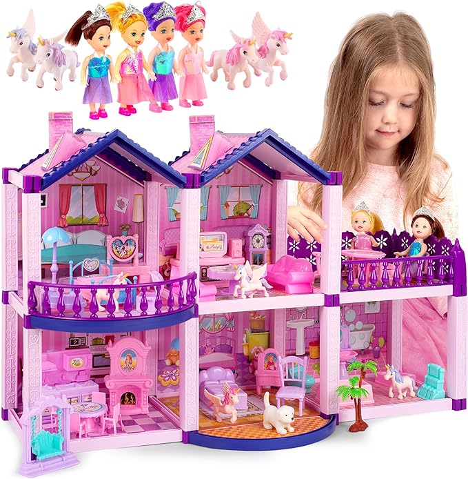 Dollhouse with 4 Princesses, 4 Unicorns, Dog, Furniture and Accessories - Pink and Purple Dream Doll House Toy for Little Girls - 5 Rooms w/Garden, Furniture and Accessories, Gift for Girls Ages 2-7