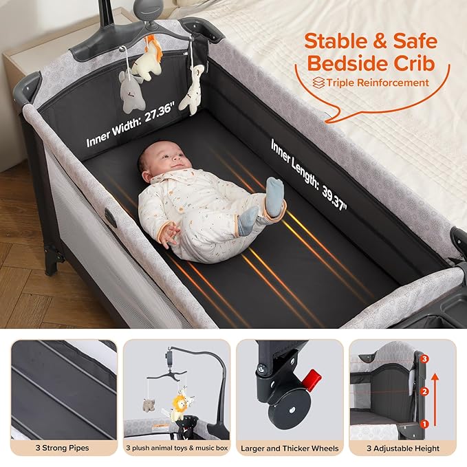 ELEMARA 4 in 1 Wide Baby Bassinet Bedside with Diaper Changer,Long Next to Bed Crib with Mattress,Sheet,Music and Blackout Cover,Playpen Travel Bed with Storage,XL Co Sleeper with 3 Adjustable Height