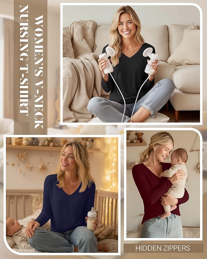 Huukeay 3 Pack Women's Long Sleeve Nursing Tops, Breastfeeding Hidden Zippers Shirts V Neck Maternity Pregnancy Tees Clothes