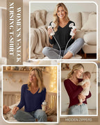 Huukeay 3 Pack Women's Long Sleeve Nursing Tops, Breastfeeding Hidden Zippers Shirts V Neck Maternity Pregnancy Tees Clothes