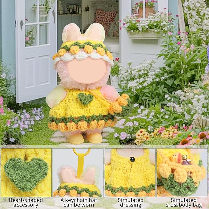 Handmade Clothes for 17cm Doll - 5-Piece Hand Crochet 17 cm Clothes Outfit with Woolen Doll Dress, Flower Hat, Shoulder Bag Accessories for Dress up 15cm/17cm Dolls Gift