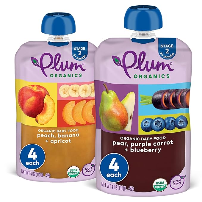 Plum Organics Variety Pack, 6+ Months - Organic Fruit and Veggie Baby Food Pouches - Pear, Purple Carrot + Blueberry & Peach, Banana + Apricot - 4 oz Pouch (Pack of 8)