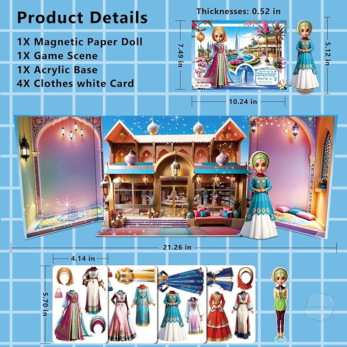 Yuzee Paper Dolls Stickers - Magnetic Dress Up Dolls for Girls - Toddler Travel Toys - 1 Paper Doll and 33 Clothing Accessories with 3D Magnetic Game Scene, Foster Creativity and Imagination