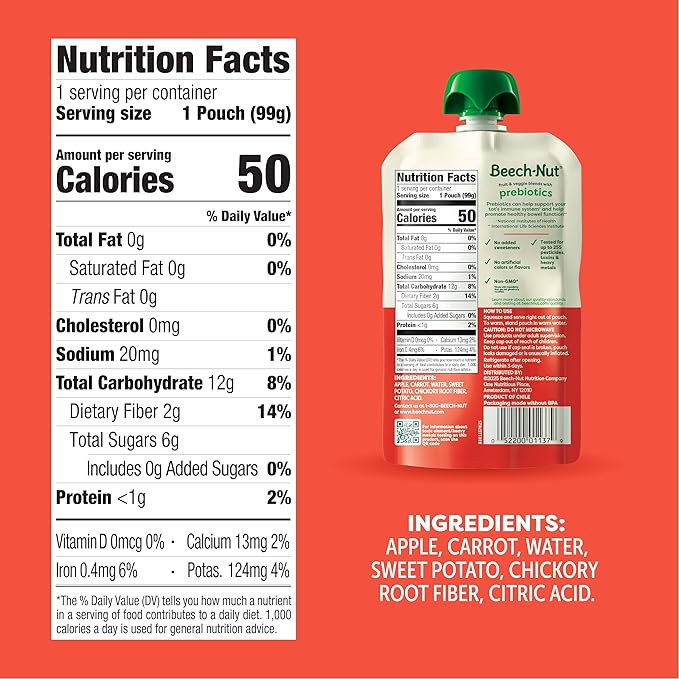 Beech-Nut Baby & Toddler Food Pouches with Prebiotic Fiber, Carrot Apple & Sweet Potato, 3.5 oz (12 Pack)