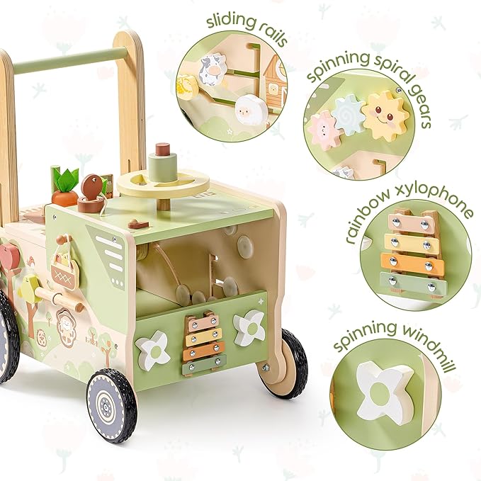 ROBUD Wooden Baby Walker, Baby Push Walker for 10+ Months, Montessori Push Toy, Adjustable Speed & Height Learning Toy with Activity Panel (Rustic Farm Adventure Theme)