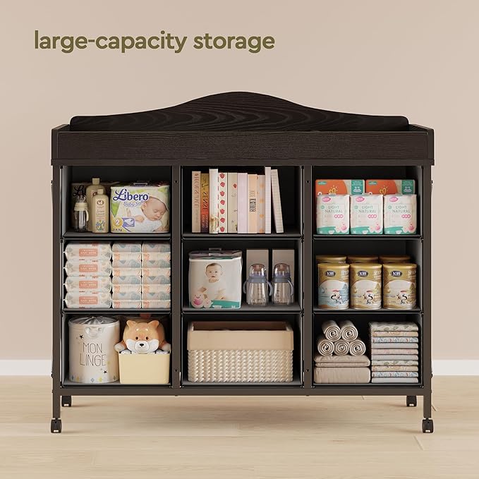 Baby Changing Table with 9 Fabric Drawers, Waterproof Diaper Changing Station & Pad, Mobile Nursery Diaper Changing Table, Baby Furniture, Bedroom, Black