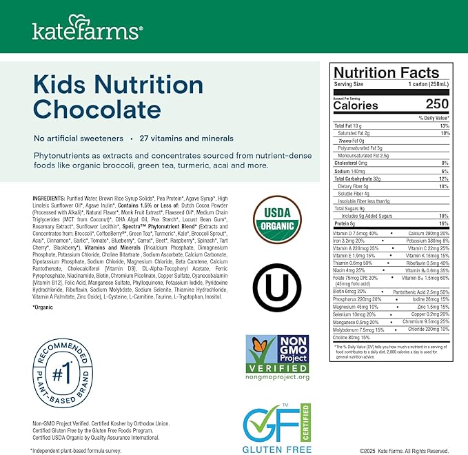 KATE FARMS Organic Kids Nutrition Chocolate Shake, 8g Protein, 27 Vitamins and Minerals, Meal Replacement, Gluten Free, Non-GMO, 8.45 oz (6 Pack)
