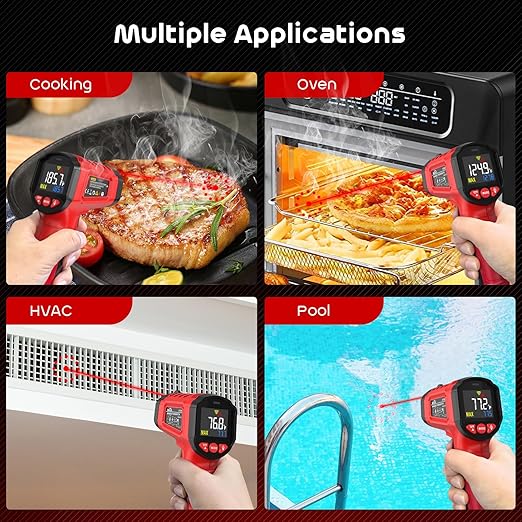 Infrared Thermometer Gun,SQECH Laser Thermometer Gun -58℉～1112℉(-50℃～600℃),Non-Contact Temperature Gun with Adjustable Emissivity&Color Backlight for Cooking, Pizza Oven,BBQ,Fridge,Engine,HVAC(Red)
