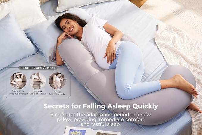 Momcozy Cooling Pregnancy Pillow,Original F Shaped Maternity Pillow for Pregnant Women with Adjustable Wedge Pillow, Full Body Support Pregnancy Pillows for Side Sleeping with Velvet Cover, Light Grey