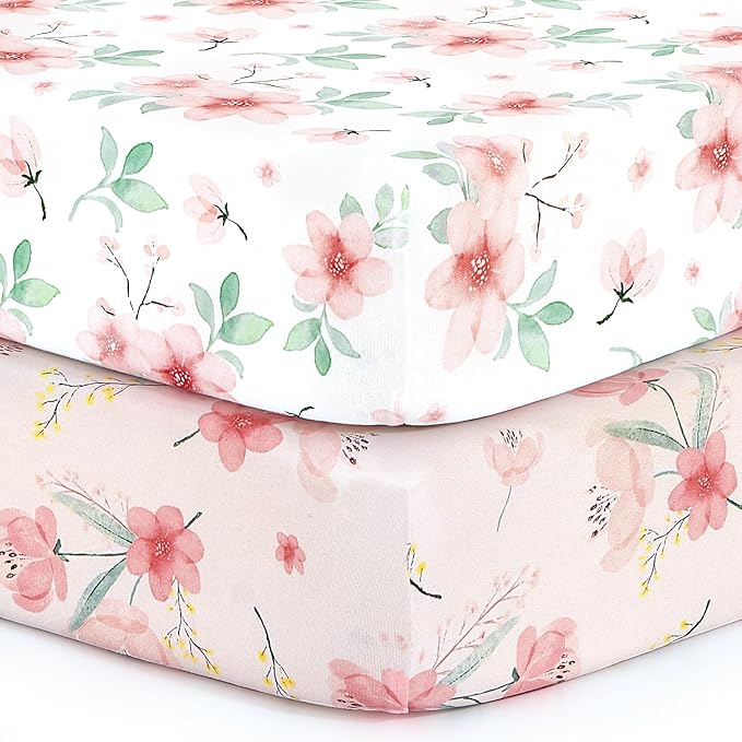 Pack n Play Stretchy Fitted Playard Sheet Set BROLEX 2 Pack Portable Mini Crib Sheets,Convertible Playard Mattress Cover,Ultra Soft Material,Pink Blossom