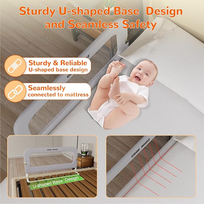 Bed Guard Rail for Toddlers - 47" Adjustable Heights & Folding up Portable Bed Railing for Baby - Toddler Bed Rails Guard for Crib, Twin, Bunk,Full Size, Queen & King Bed(Grey)
