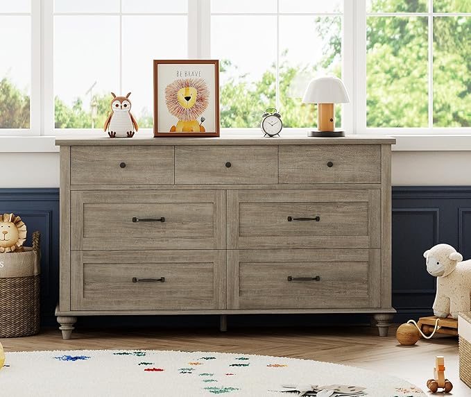 WAMPAT Kids Dresser with 7 Drawers for Bedroom, Wide Baby Dresser for Nursery & Kids Room, Farmhouse Wooden Dressers Closet Organizer for Children’s Bedroom, 54 Inch, Grey