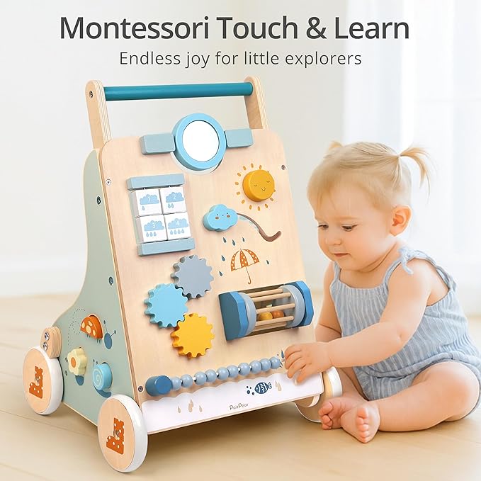 PairPear Wooden Baby Walker, Baby Push Walker, Montessori Walker Toy with Activity Center for Girls Boys, Adjustable Speed Baby Walker for Kids Development