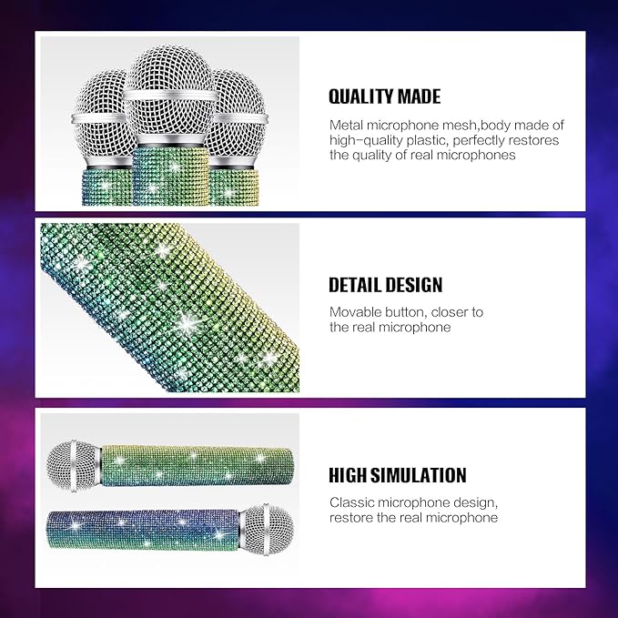 Sanwuta Fake Microphone Prop Sparkly Bling Rhinestones Plastic Play Microphone Pretend Glitter Bedazzled Mic for Cosplay Party Costume(Gradient)