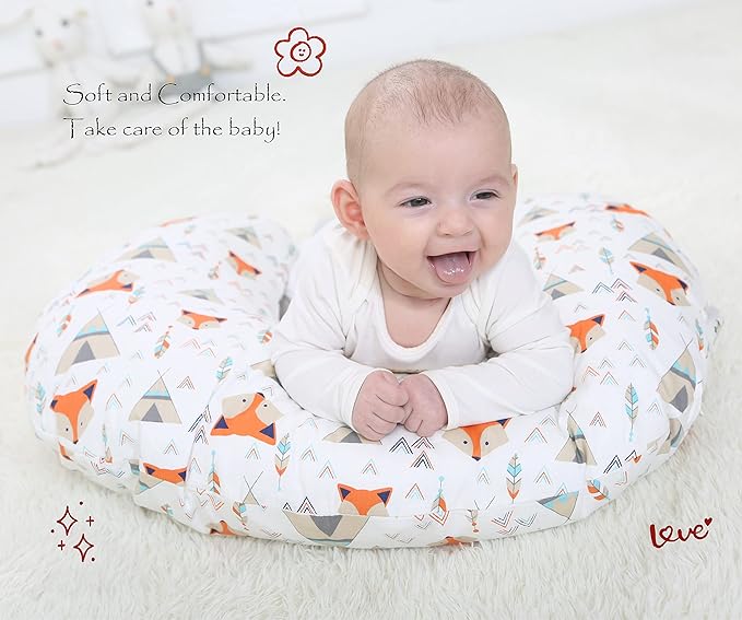 LAT Nursing Pillow for Breastfeeding,100% Cotton Removable Cover,Ergonomic Breast Feeding Pillows for Mom and Baby,Machine Washable(Fox Rabbit & Bear)