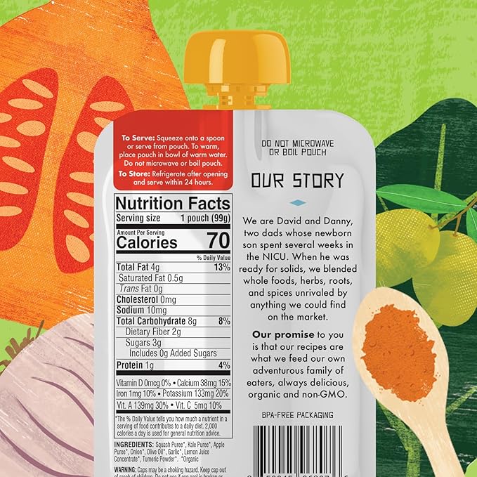 Kekoa Foods Squash & Kale with Turmeric Baby Food Purée | 100% USDA Certified-Organic Vegetarian | Organic, Non-GMO, Gluten-Free, Vegan | Flavorful & Nutritious First Food for Babies | 3.5 oz 36 Pack