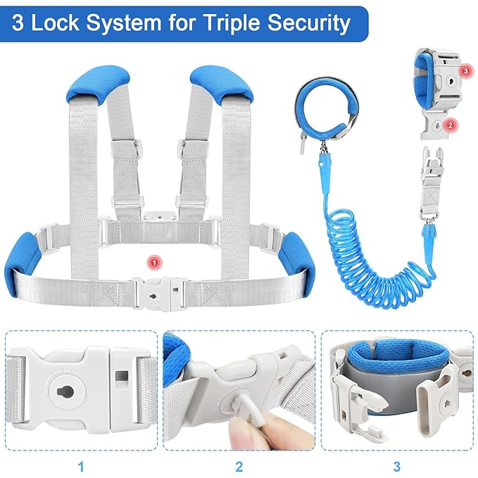 Accmor 3 in1 Toddler Harness Leash, Soft Kid Harness with Anti Lost Wrist Link, Baby Leash, Leash for Toddlers, Child Walking Harness Kids Leash Wristband Rope Belt with Lock for Baby Boys