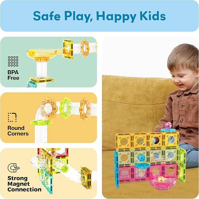 PicassoTiles 60 pc Magnet Tiles Building Block Travel Size Magnetic Marble Run Construction Toy Set Mini Diamond Marble RaceTrack Building Blocks Playset Education STEM Learning Kit Boy Girl 3+ PTMG60