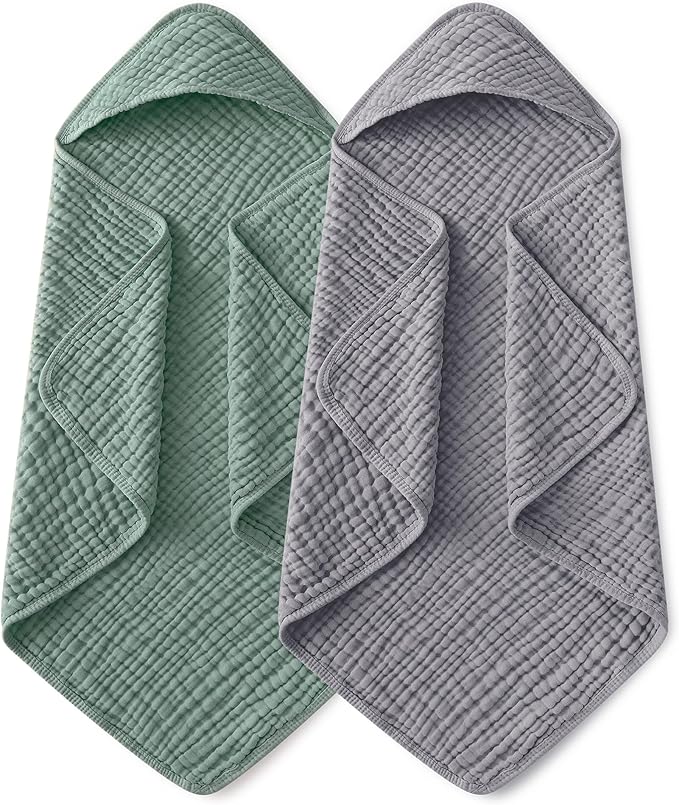 Yoofoss Hooded Baby Towels for Newborn 2 Pack 100% Muslin Organic Cotton Baby Bath Towel with Hood for Babies, Infant, Toddler and Kids,37.5"x37.5",Soft and Absorbent Newborn Essential,Grey&Dark Green