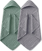 Yoofoss Hooded Baby Towels for Newborn 2 Pack 100% Muslin Organic Cotton Baby Bath Towel with Hood for Babies, Infant, Toddler and Kids,37.5"x37.5",Soft and Absorbent Newborn Essential,Grey&Dark Green