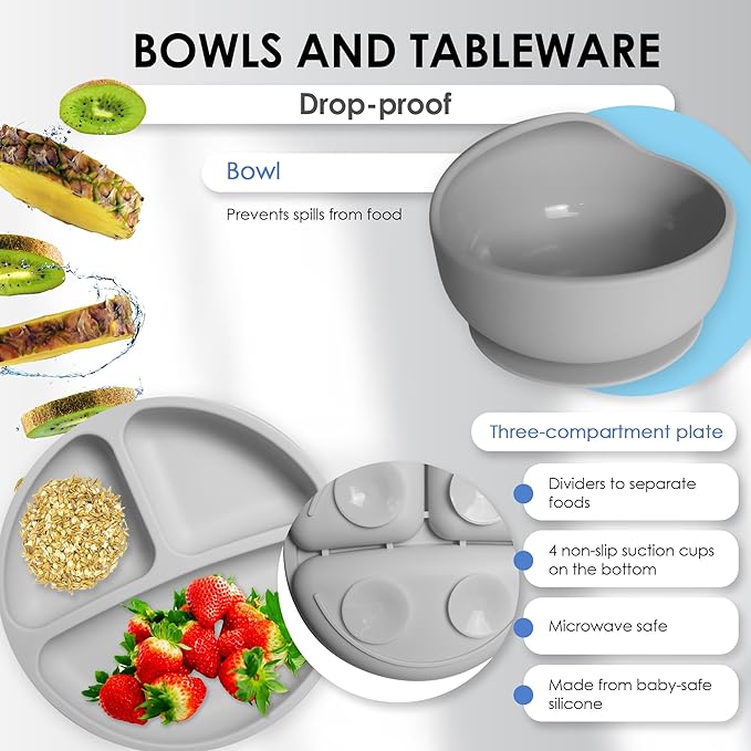 Bluet B- Silicone Baby Feeding Set with Pacifier - Baby Led Weaning Supplies - Baby Spoons, Suction Bowl - Plate - Baby Utensils Set - Silicone Feeding Set for Baby First Foods - 11pcs - Gray