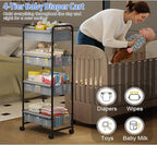 4-Tier Baby Diaper Caddy Cart Organizer,Mobile Nursery Baby Dresser Clothes Organizer with Wheels,with 2 Dividers & 21 Mesh Pockets，Metal Utility Cart for Nursery,Bedroom,Bathroom