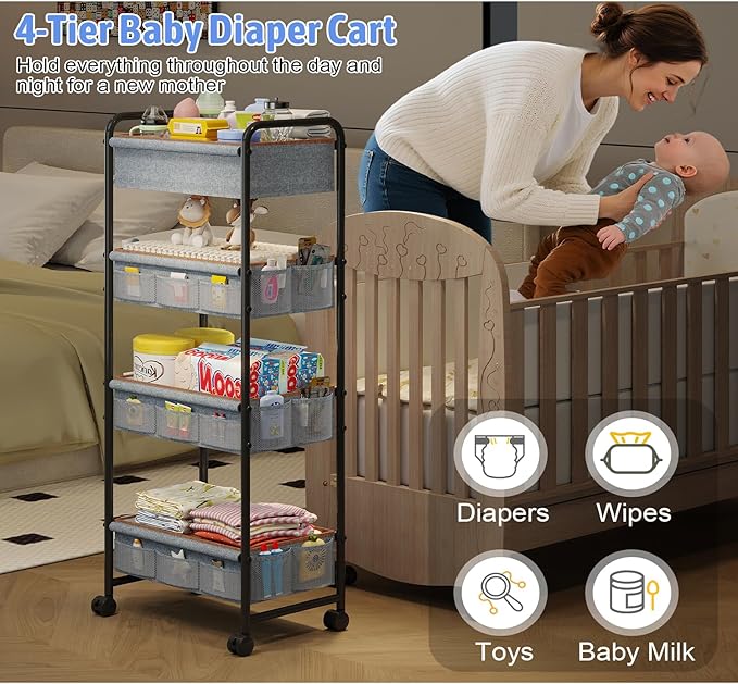 4-Tier Baby Diaper Caddy Cart Organizer,Mobile Nursery Baby Dresser Clothes Organizer with Wheels,with 2 Dividers & 21 Mesh Pockets，Metal Utility Cart for Nursery,Bedroom,Bathroom